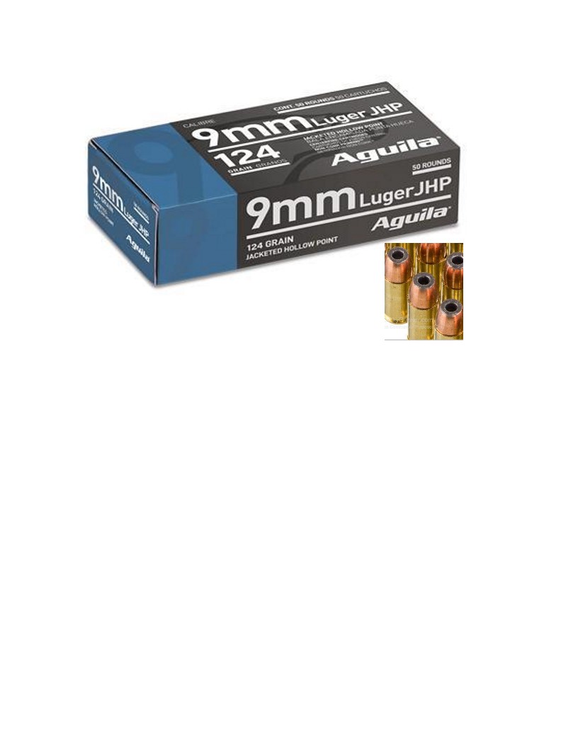 9 mm Aguila Ammunition 124 Grain Jacketed Hollow Point (JHP)